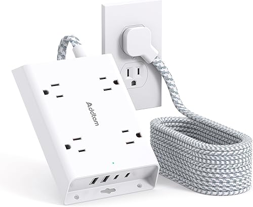 Addtam - Regleta protectora de sobretensiones de 15 pies, cable de extensión de enchufe plano con 4 cargadores de pared USB (2 puertos USB C),