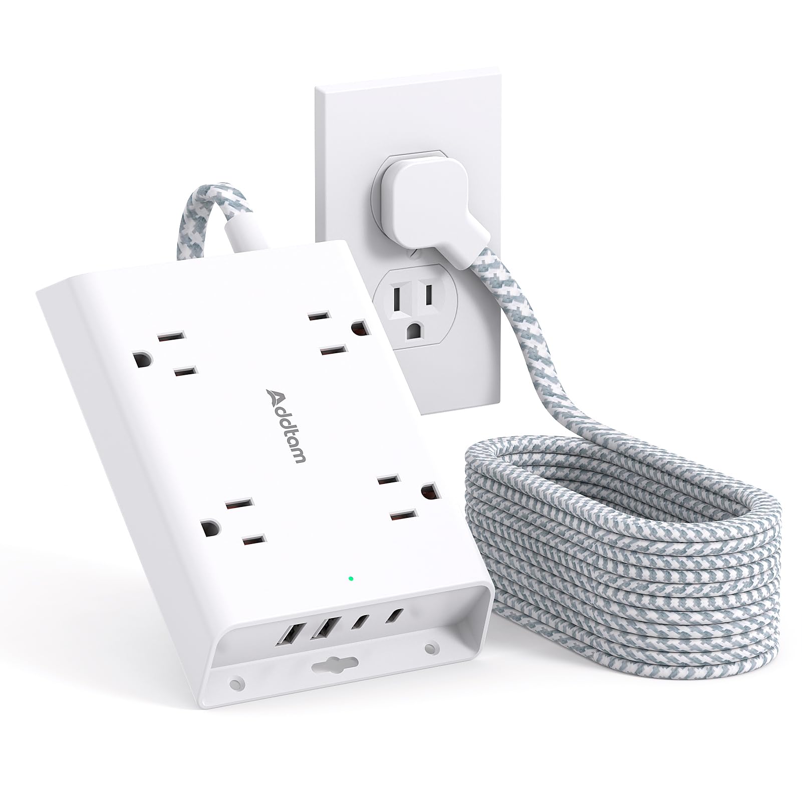 Surge Protector Power Strip 15 ft, Addtam Flat Plug Extension Cord with 4 USB Wall Charger(2 USB C Port), 4 Widely Outlets Desk Charging Station, Home Office and College Dorm Room Essentials