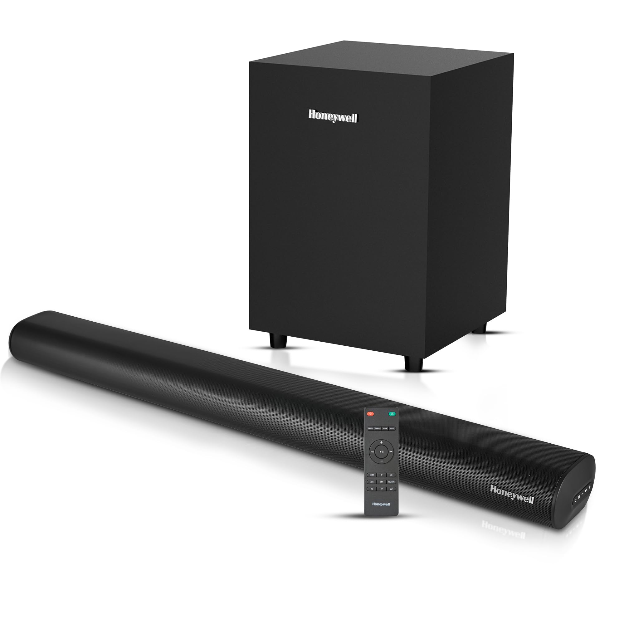 honeywell trueno u2000 160w soundbar with subwoofer, 2.1 channel home theatre, 57mm*4 drivers, bluetooth v5.3, with remote, 3 eq mode, bt, aux, usb, optical & hdmi-2 years warranty