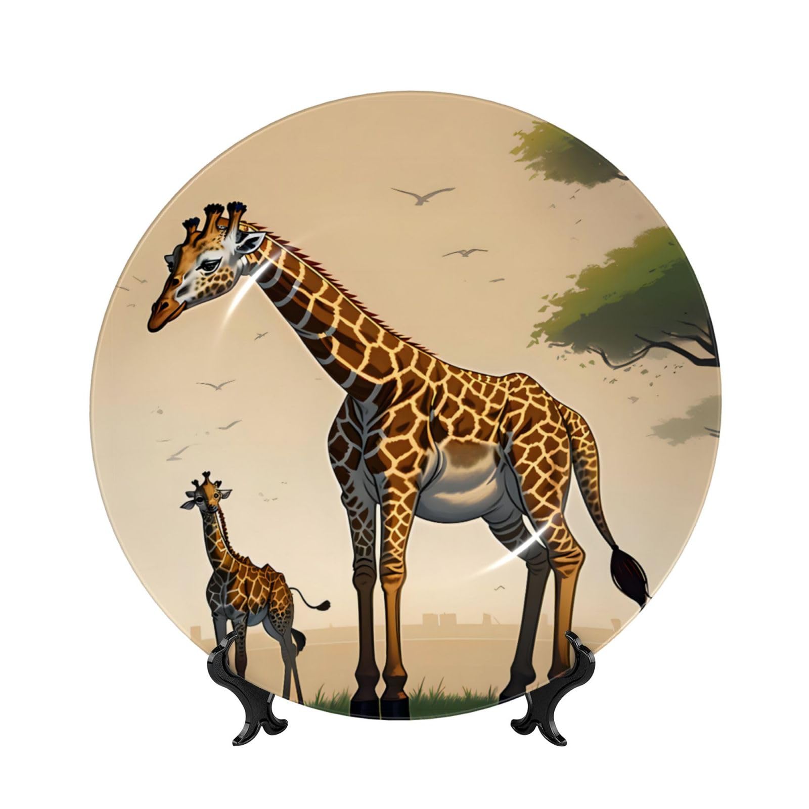 SXZVVBN Mother and child giraffe Bone China Decorative Plate Art with Stand Removable Adhesive Hanging for Home Office 10in（25cm）