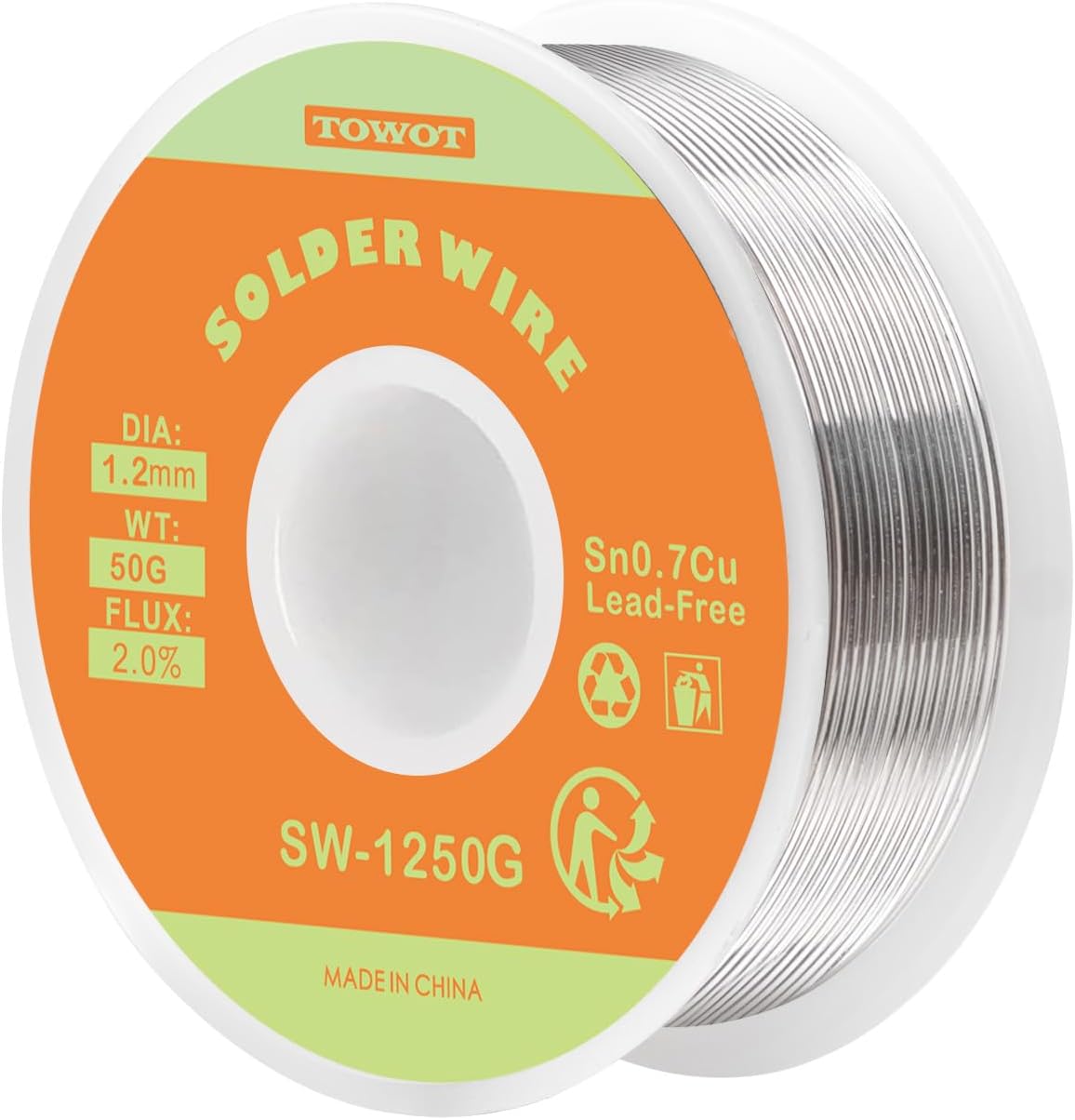 TOWOT Lead Free Rosin Core Solder Wire for Electrical Soldering, Content 2.0% Solder Flux Sn0.7Cu (1.2mm 50g)