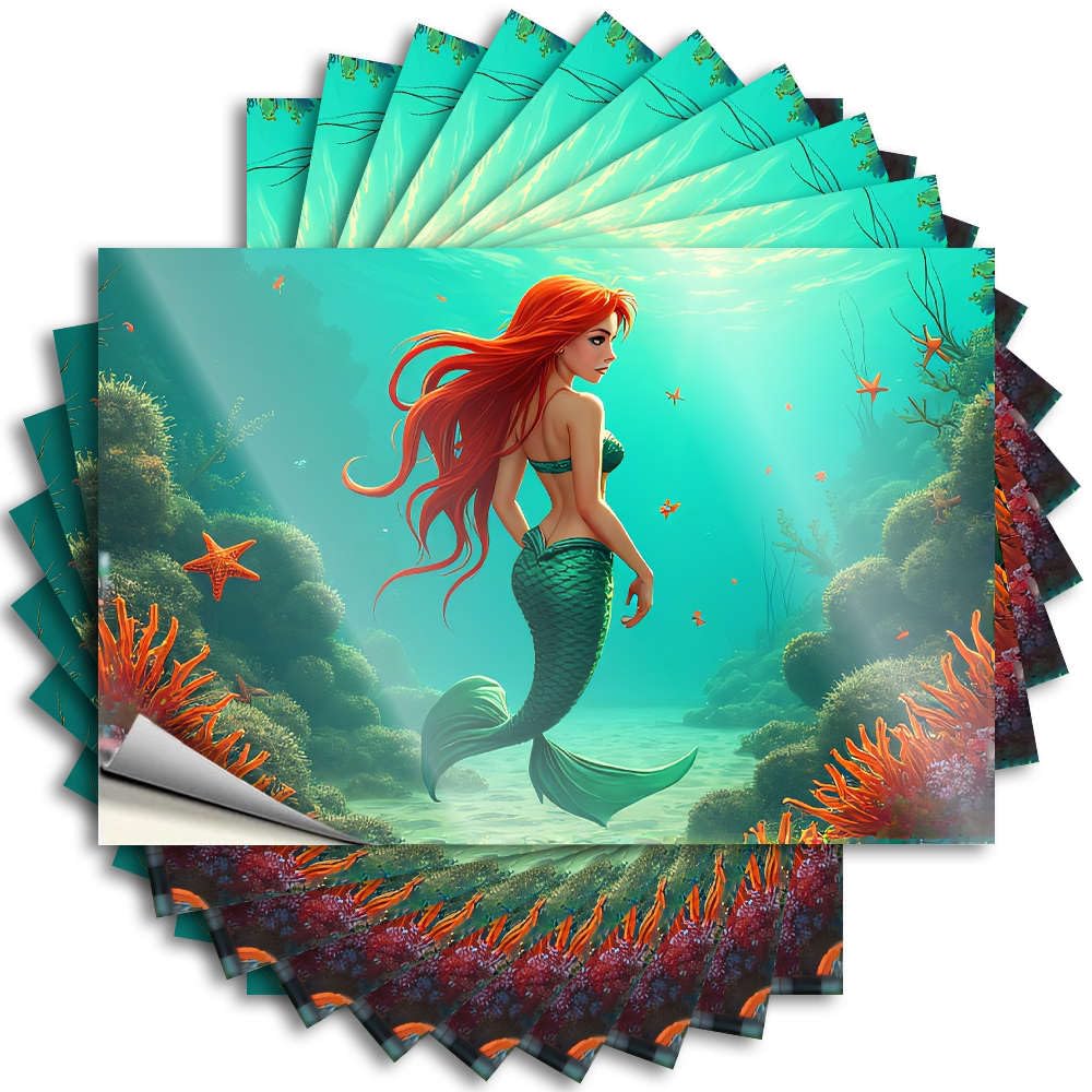 Mermaid Swimming in Vibrant Coral Reef. Wall Tiny - Tiki Bar Decor Funny Sticker Self Adhesive Sticker(12X18CM)