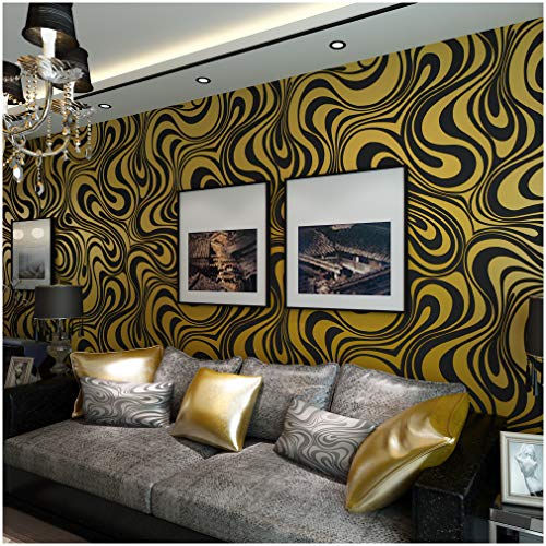 QIHANG Modern Abstract Curve 3D Wallpaper Roll Mural Papel De Parede Flocking for Striped Black&Gold Color Qh-Wallpaper 0.7m x 8.4m=5.88?