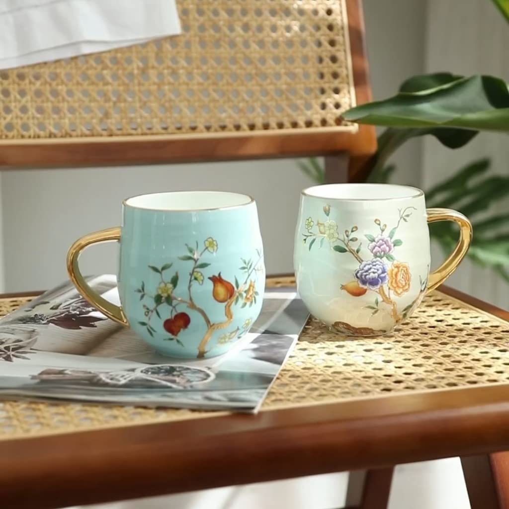 Tazze Tazza di Grande capacità Tazza in Porcellana Bone China Tazza per Acqua per Uso Domestico Tazza da caffè con Motivo Floreale Dipinto a Mano e Manico Dorato Tazza p