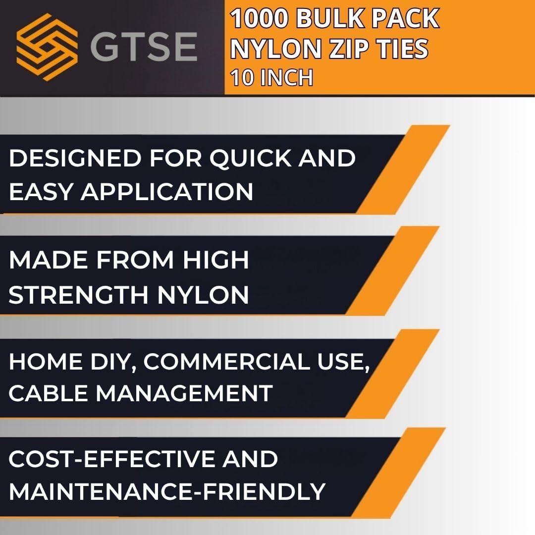 GTSE 10 Inch Black Zip Ties, 1,000 Bulk Pack, 18lb Strength, UV Resistant Small Nylon Cable Ties, Self-Locking 10" Tie Wraps
