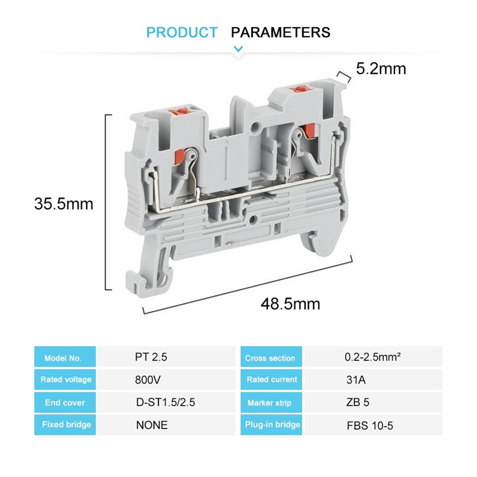 10 pezzi PT 2.5 Terminale a innesto Cavo da 2,5 mm² Connettore elettrico Morsettiera for guida DIN Spine passanti PT2.5 PT-2.5(FBS10-5)