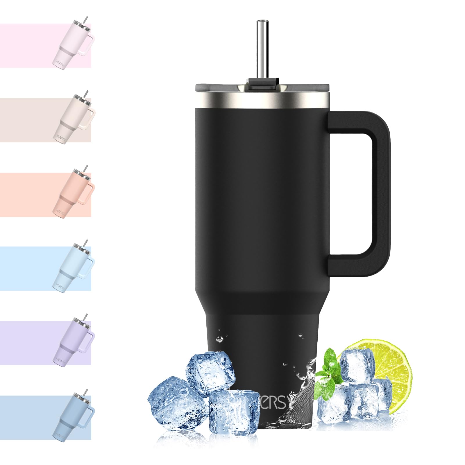WATERSYTravel Mug Coffee Cup 40oz Tumbler Straw Lid and Handle, Stainless Steel Double Wall Vacuum Insulated Coffee Water Bottle for Cold Hot Coffee 1182ml Black