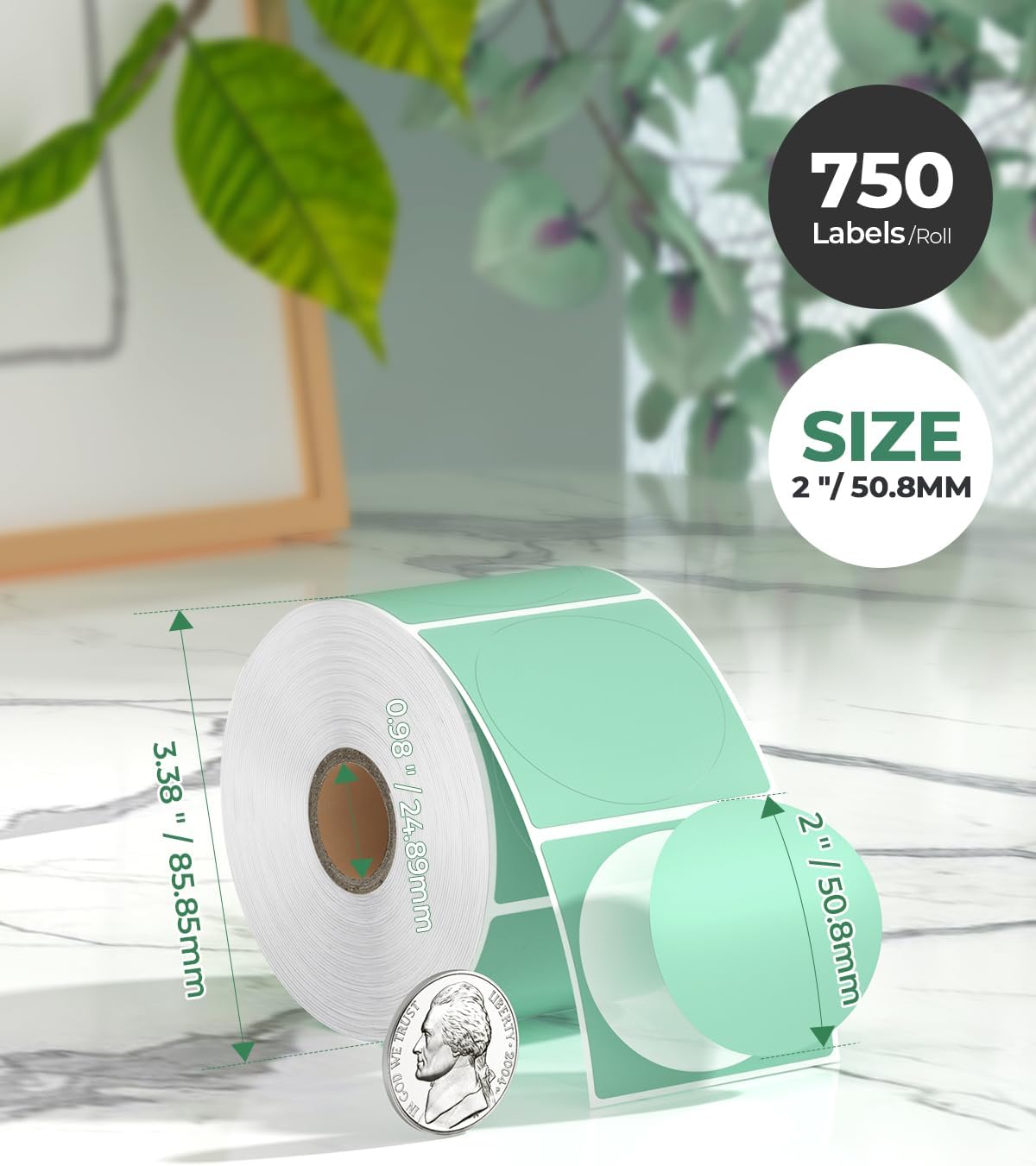 MUNBYN 2 Inch Green Circle Thermal Sticker Labels, Self-Adhesive Round Direct Thermal Labels, Multi-Purpose Roll Sticker Labels for DIY Logo Design, QR Code, Name Tag, Inventory-750 Labels/1 Roll - Image 2
