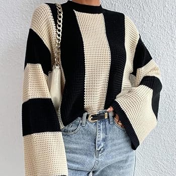 Flared Sleeve Knitted Sweater Women's Crew Neck Black and