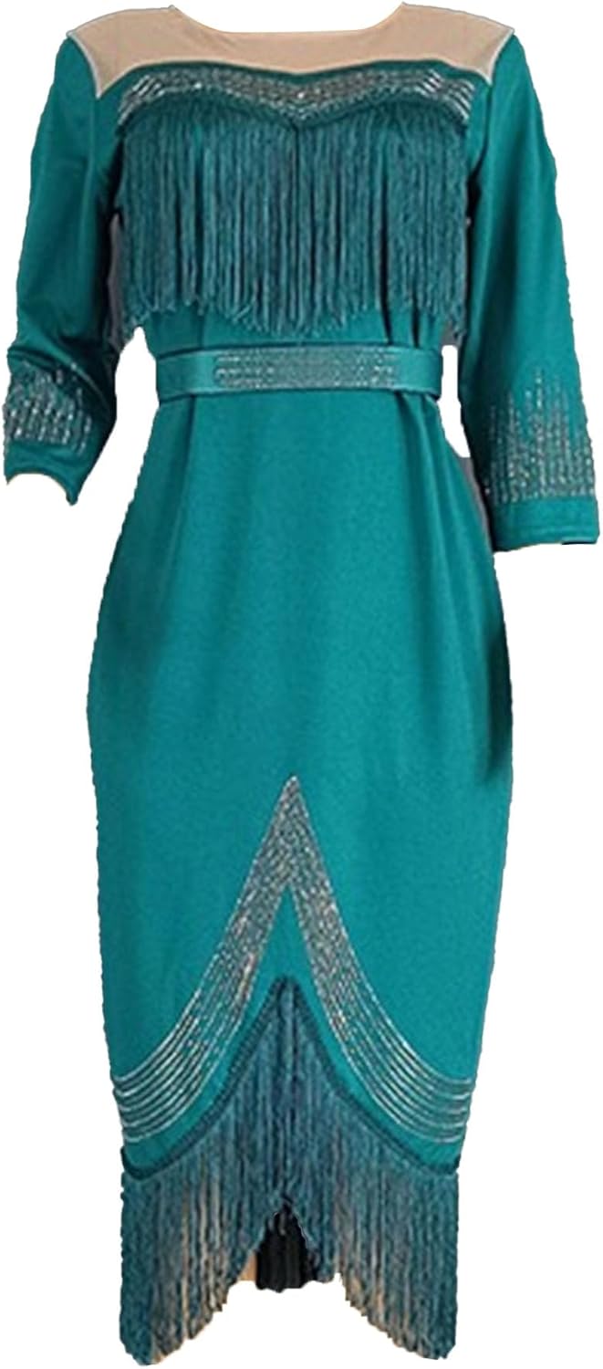 JEKE-DG Women's Plus Size Bodycon Dress V Neck Fringe Trim Wrap Hem Dress Long Sleeve Cocktail Party Maxi Dress