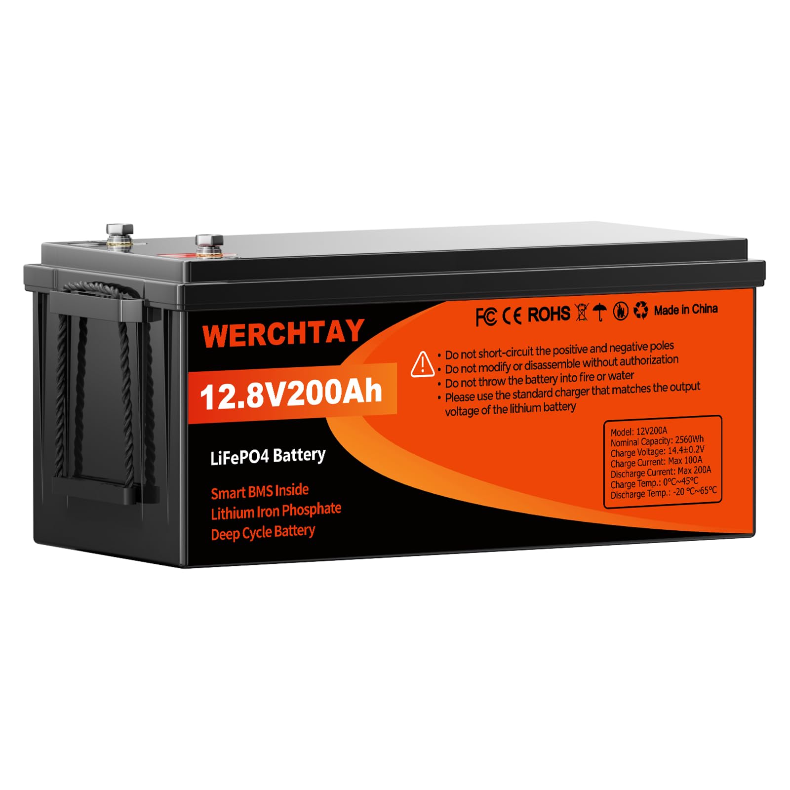 WERCHTAY Batteria Litio 12V 200Ah, 2560Wh LiFePO4 Batterie, con BMS Integrato da 200A, 18000 Cicli a Scarica Profonda, Protezione Contro le Basse Temperature, per Off-Grid, Camper e Imbarcazioni