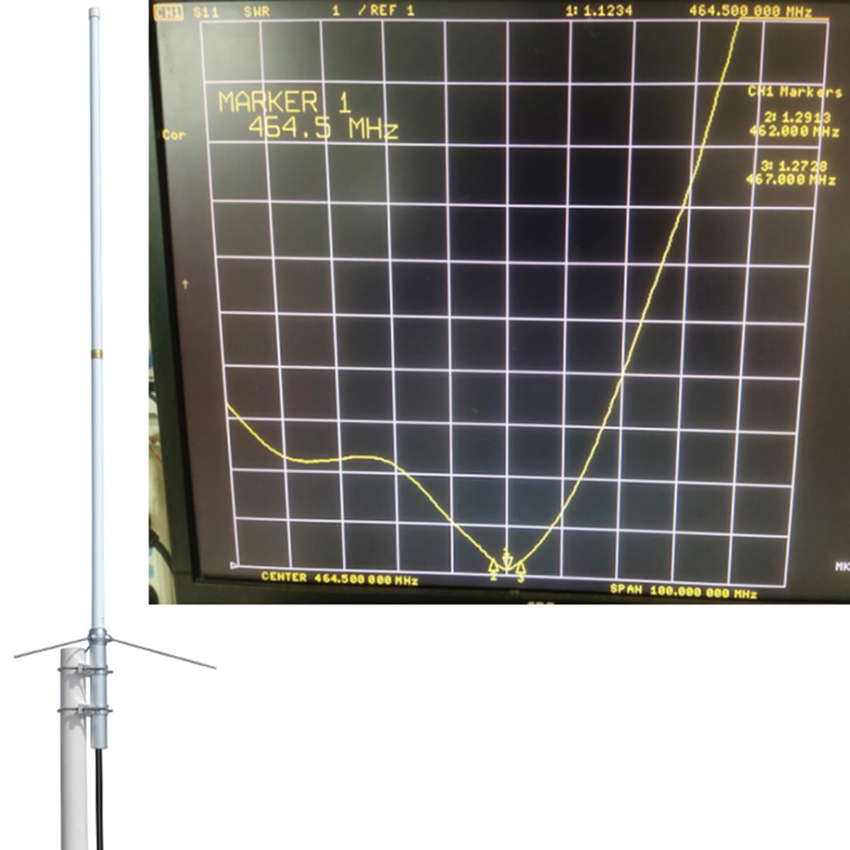 HYS 200W GMRS Antenne en fibre de verre préréglée Land Mobile Omni en fibre de verre, 462 MHz à 467 MHz UHF 7,2 dBi Gain Base Antenne pour Motorola Repeater GR500 GR300 GR1225, blanc fibre de verre