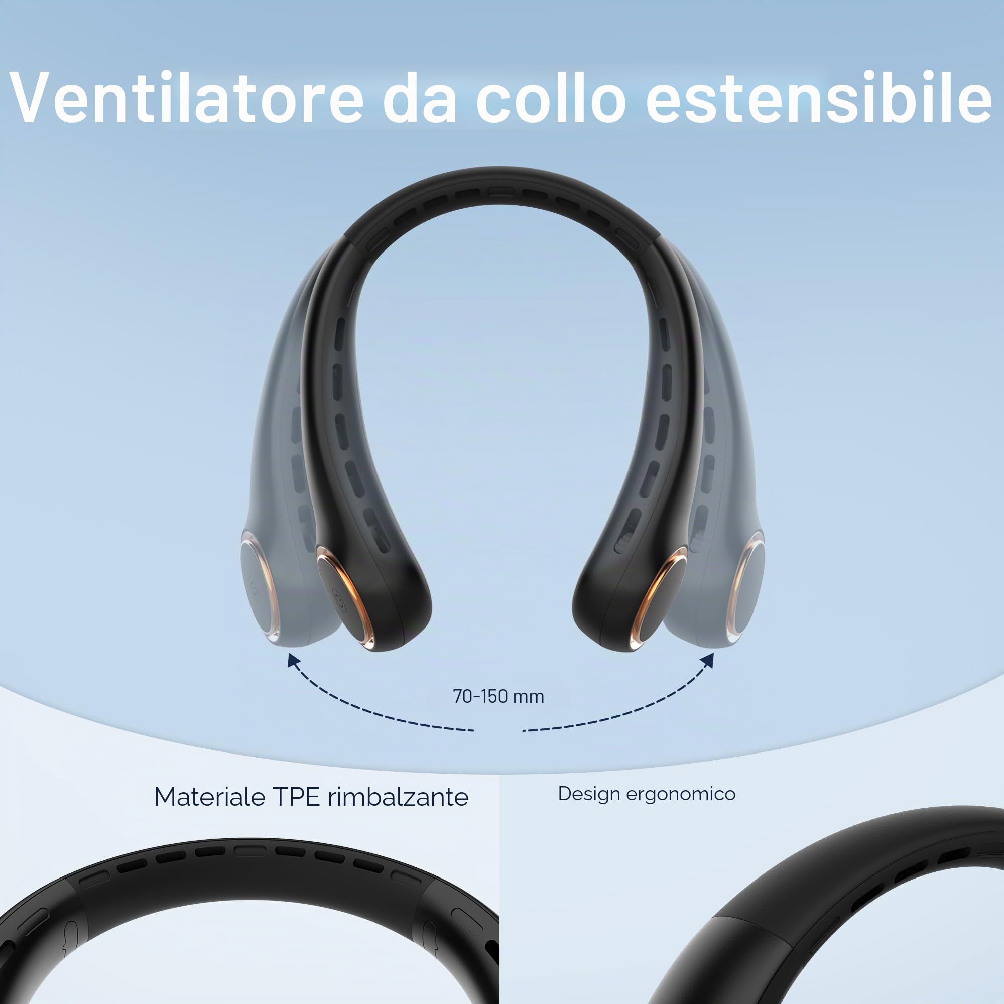 GULAKI Ventilatore da collo, portatile con durata 5-17 ore, 4000 mAh, 3 velocità, 64 luci fredde, ricaricabile, senza lama, nero