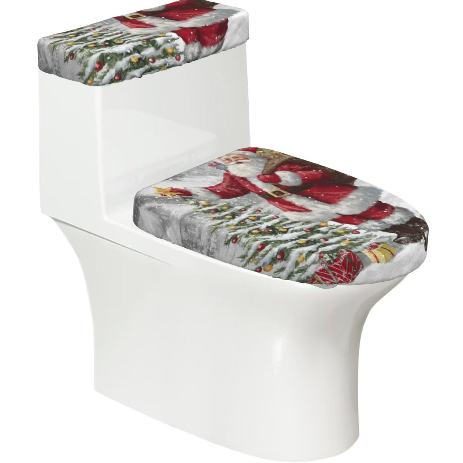 Santa Claus Snow Secenry Print Bathroom Decor Toilet Lid Cover And Tank Covers, Restroom Accessories Fits Most Round