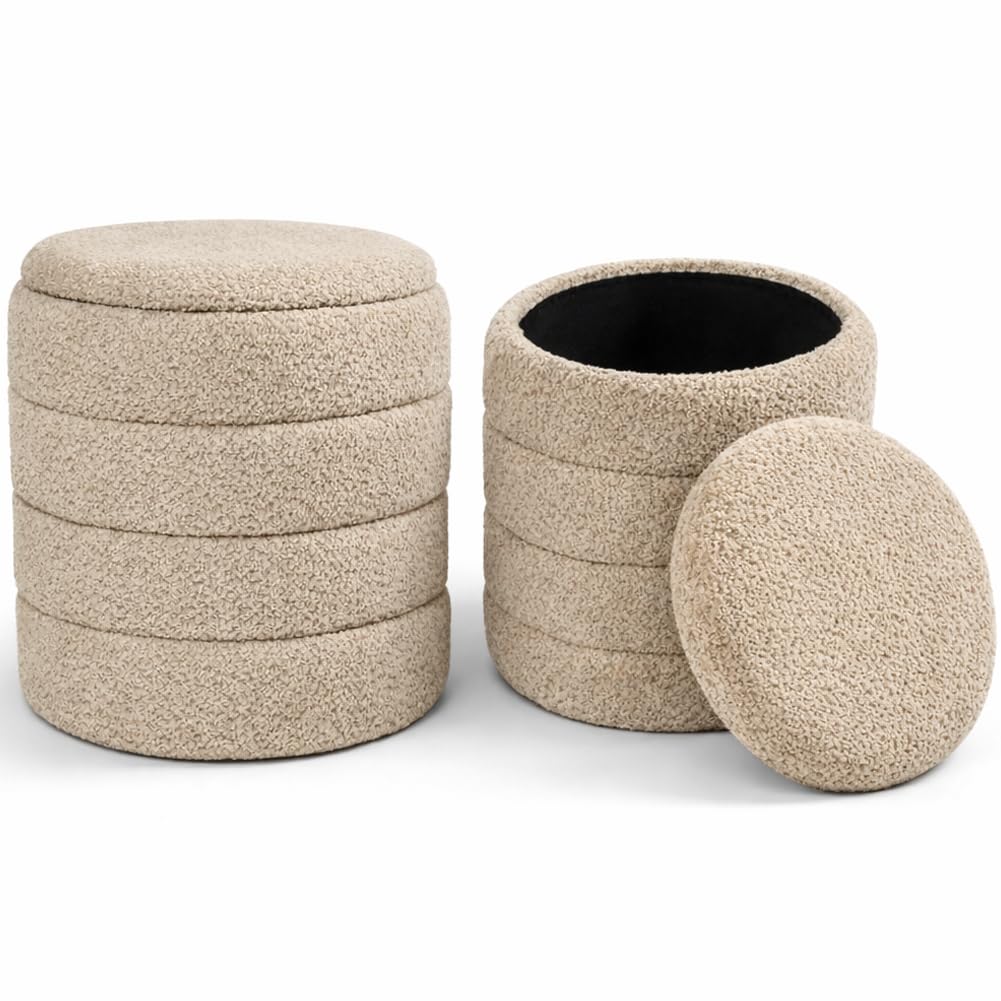 BAKAJI Set 2 Pouf Contenitori Teddy con Rivestimento Bounclè, Poggiapiedi Tondo con Seduta Imbottita ad Alta Densità Ergonomica, Coperchio Removibile e Vano Portaoggetti Capiente (Beige)