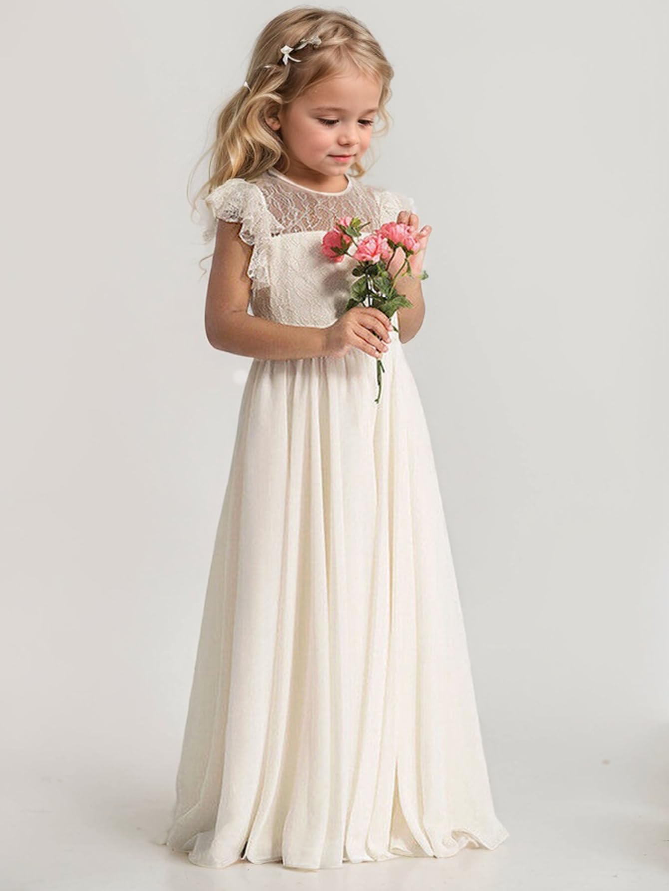 Boho Longue robe en dentelle pour enfants Robe en mousseline de soie avec ceinture et manches courtes papillonsChic Aligne Robes de communion Robes de demoiselle d'honneur Robes de demoiselle