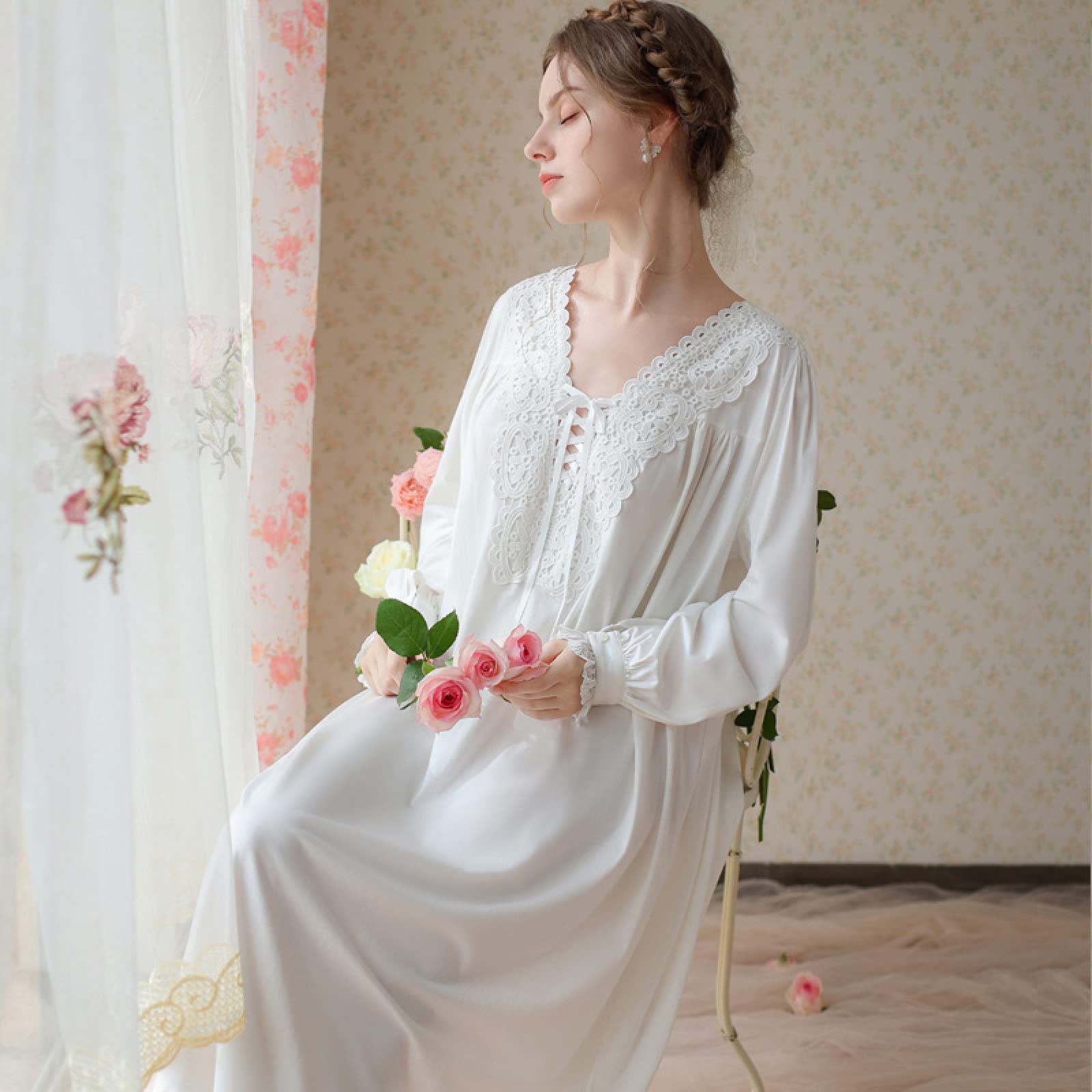 OFFSUM Camicia da Notte Donna - Elegante Palace Style Retro Solid Color Cotone Princess Pigiameria Lingerie Casual Camicia da Notte con Scollo A V Pizzo Camicia da Notte