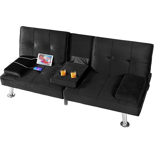 FLEXISPOT Futon Sofa with USB & Type-C Charging, Convertible Loveseat Sleeper Couch with Adjustable Backrest Removable Armrests, Folding Futon Bed for Small Space Apartment Guest Room (Black)