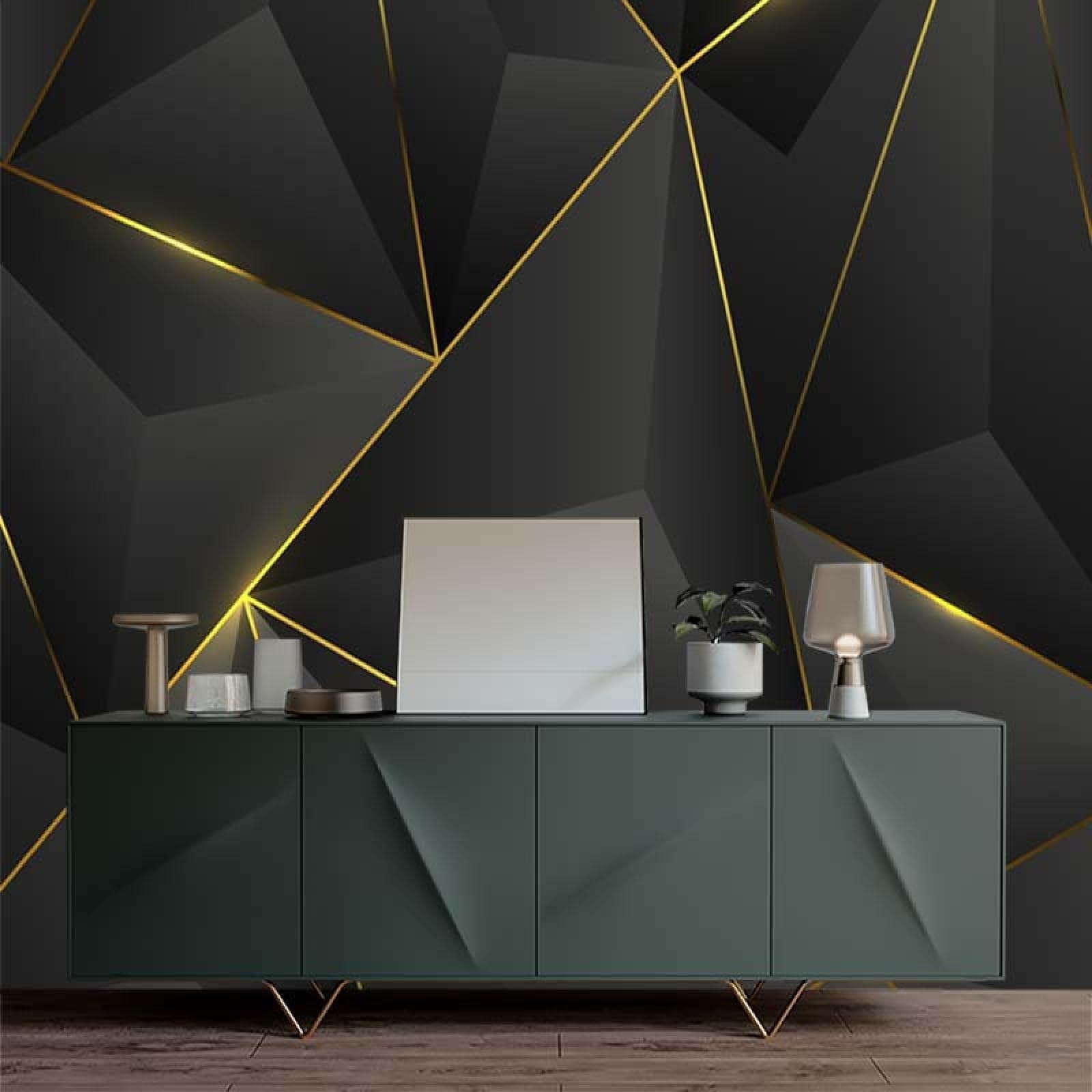 Black Gold Geometric Lines 3D Wallpaper,Modern Fashion 3D Print Peel and Stick Self-Adhesive Wallpaper Removable Wall Decor Sticker for Living Room Bedroom TV and Sofa Background,118"Wx83"H