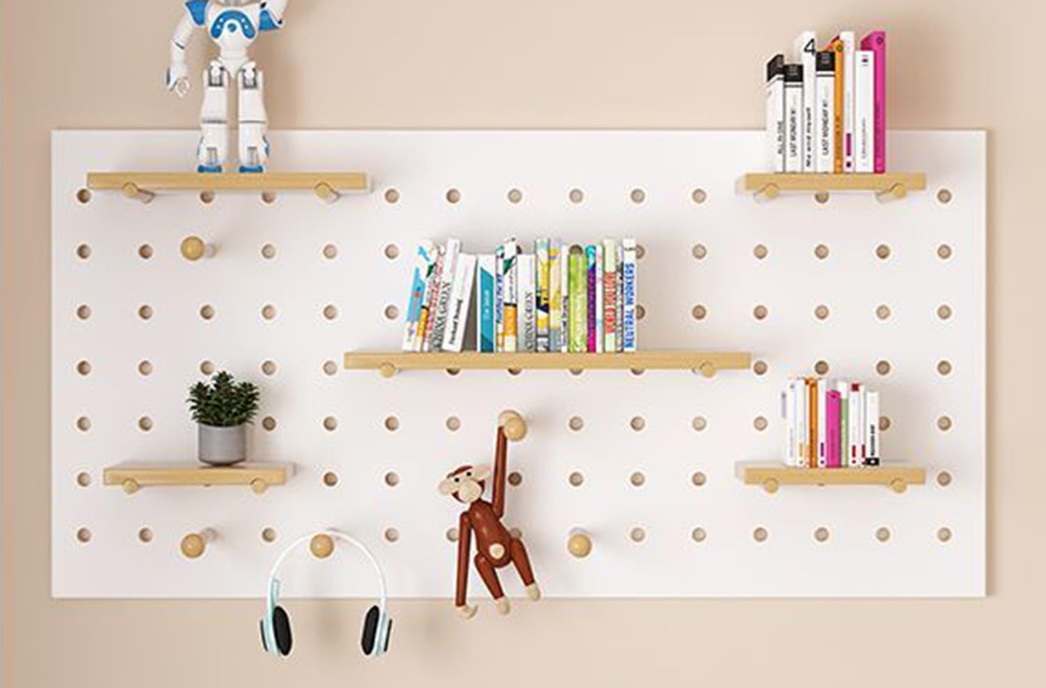 Steckbrett Display Stand, Wand-Organizer-Pegboard, Holz-Pegboard-Organizer-Kit, Peg Board-Kombinations-Kit, Pegboard-Wandhalterung, Wohnzimmer Küche Werkzeug-Aufbewahrungsregal C,W120×H60cm