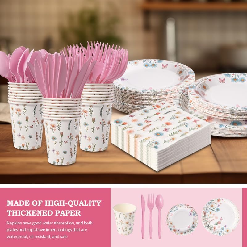 168Pcs Wildflower Party Supplies for 24 Guests Spring Floral Baby Shower Birthday Decorations Disposable Paper Plates and Napkins Knives Spoons Forks Cups for Baby Bridal Shower Birthday Party