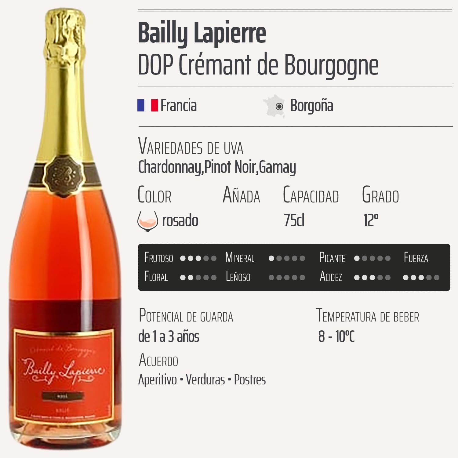 Crémant de Bourgogne Brut rosado - Bailly Lapierre - DOP - Borgoña - Francia - Variedades de uva Chardonnay,Pinot Noir,Gamay - 6x75cl