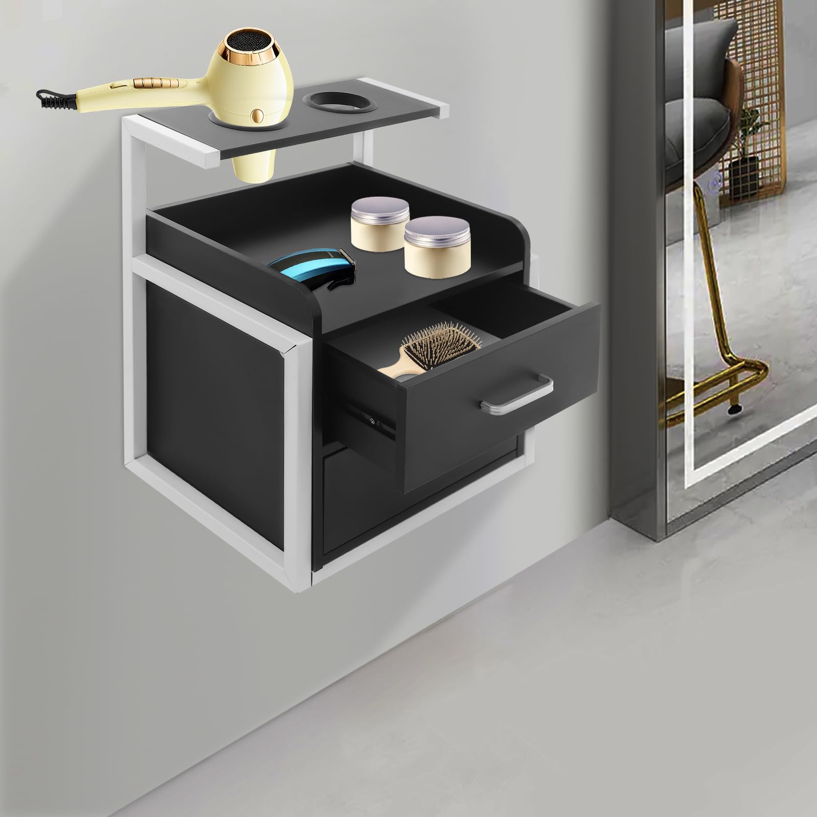 Suspended Salon Wall Cabinet, Wandschrank Friseursalon, Aufbewahrungsschrank mit 2 Schubladen, Offener Ablage und Föhnhalter, Für Salon, Bad, Spa, 40x30x48 cm (Weiß+Schwarz)