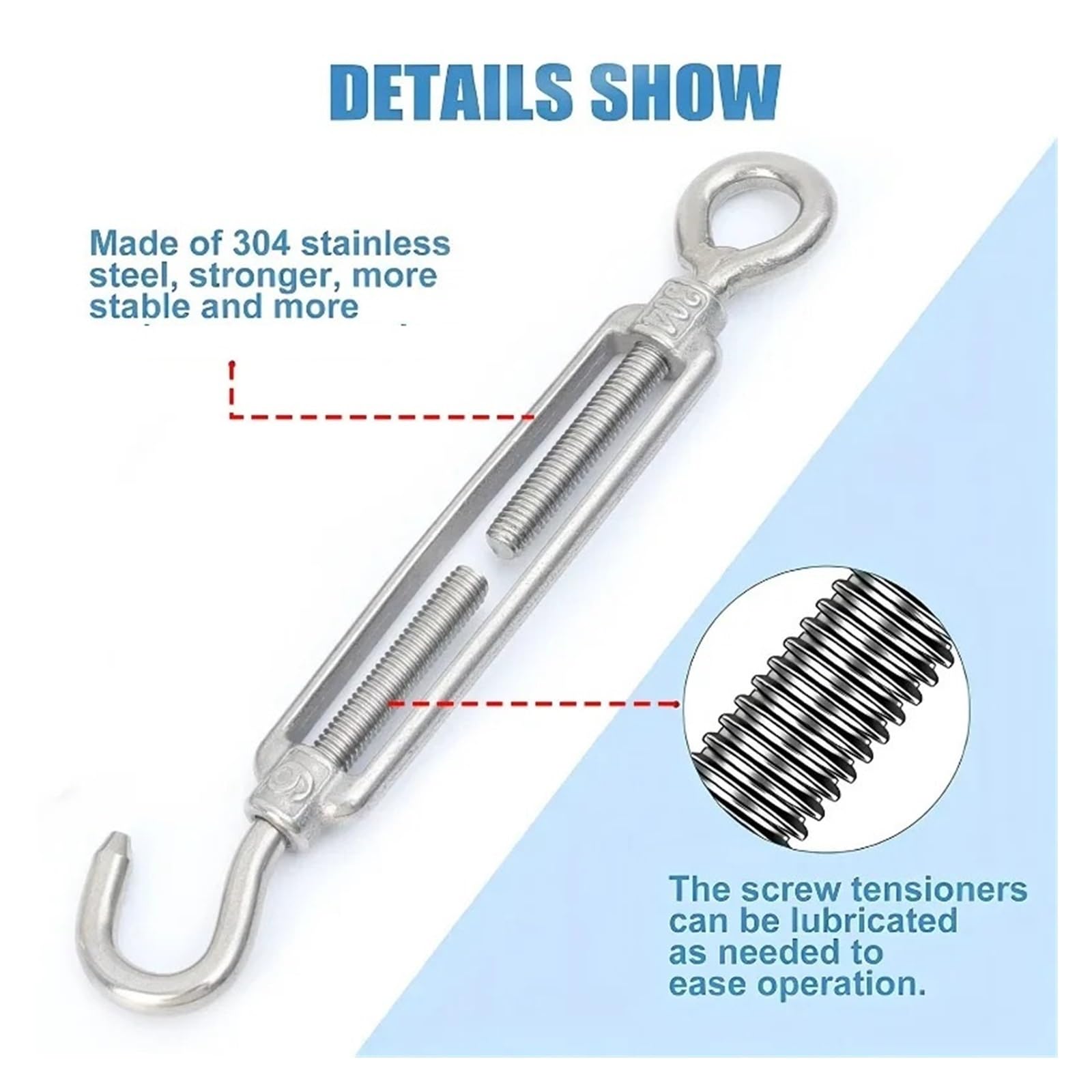 10/1 tenditore regolabile in acciaio inox con occhiello, tenditore per corda metallica, stringicavo per stendibiancheria, hardware marino M4 M5 M6 (M5, 1 pz)