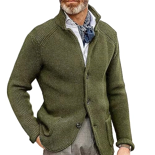 Casual Chunky Sweaters for Mens Knitted Cardigan Stand Collar Button Down Long Sleeve Fit Knitwear Warm Winter Tops