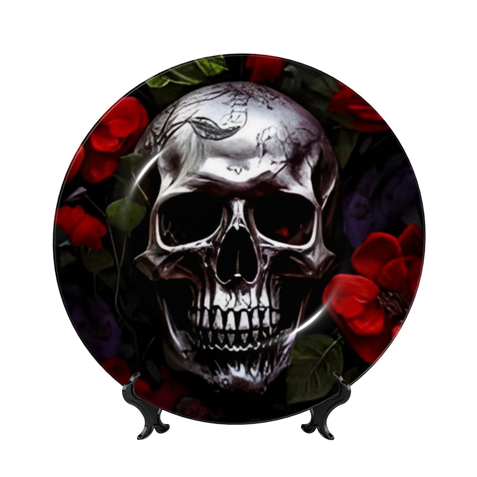 CBXYFCBC Stylish Halloween Skull Bone China Decorative Plates With Display Stand, Cute 6 Inch, 7 Inch,8 Inch,10 Inch, Decorative Porcelain Dinner Plates For Home, Office, And Study Decor