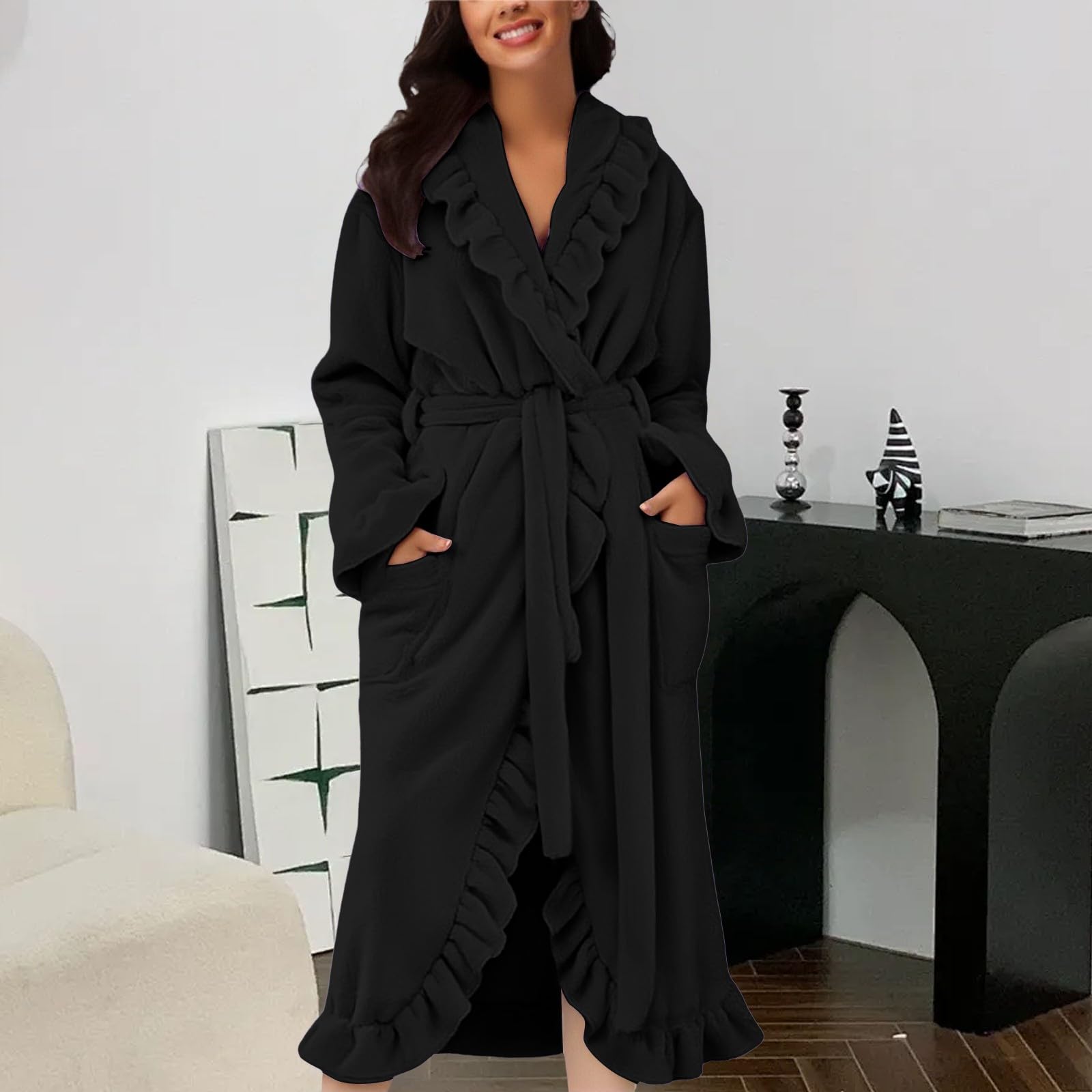 Accappatoio da donna in cotone, morbido, elegante, lungo | Pigiama per il tempo libero, taglie grandi, per sauna, per l'inverno, caldo, in peluche, leggero
