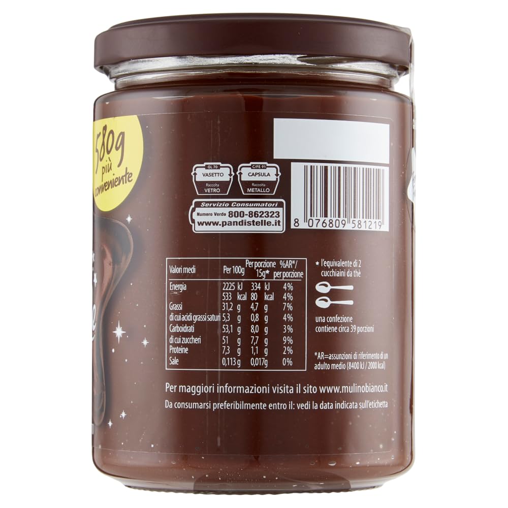 6X Pan di Stelle Crema Spalmabile alle Nocciole e Cacao con Granella di Biscotto 580g - Formato Famiglia [CAIYA® BOX da 6 Barattoli]