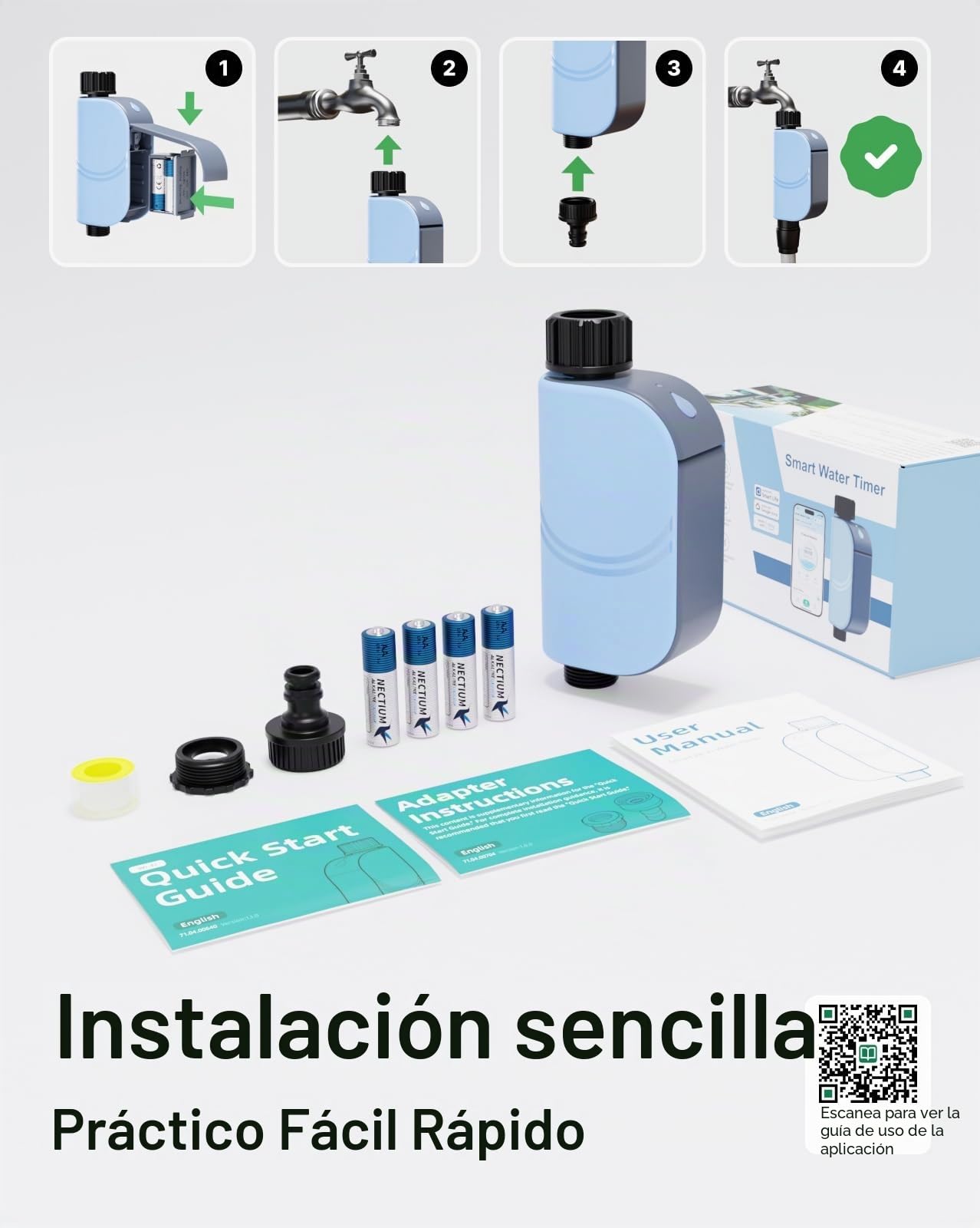 Programador de Riego Automático WiFi con Caudalímetro, Temporizador de Riego Inteligente (Sin Hub), Modos por Volumen y Tiempo, Control por App, Retraso por Lluvia, IP65 para Jardín y Césped