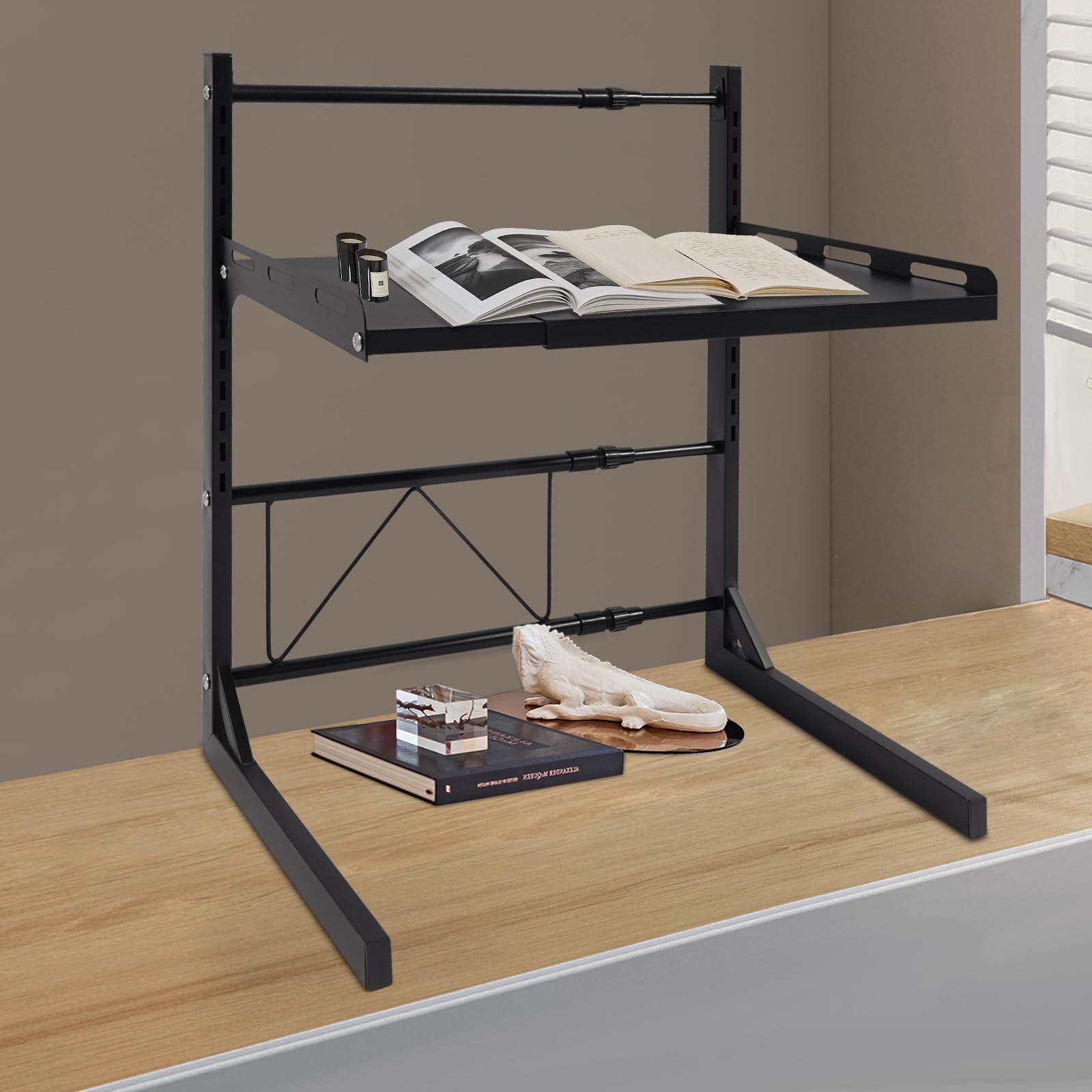 Étagère extensible pour micro-ondes avec 4 crochets, 2 niveaux, hauteur réglable de 27 à 52 cm, support pour micro-ondes, boulangerie, organisateur pour plans de travail de cuisine, noir