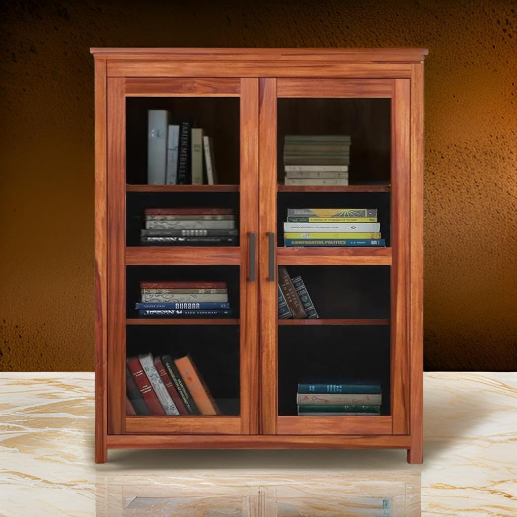 Sheesham Wood Bookshelf with 2 Fiber Glass Doors Storage | Display Cabinet with 3 Shelves for Living Room, Kitchen, Office | Wooden Bookrack Organizer (Honey Finish)-image-30