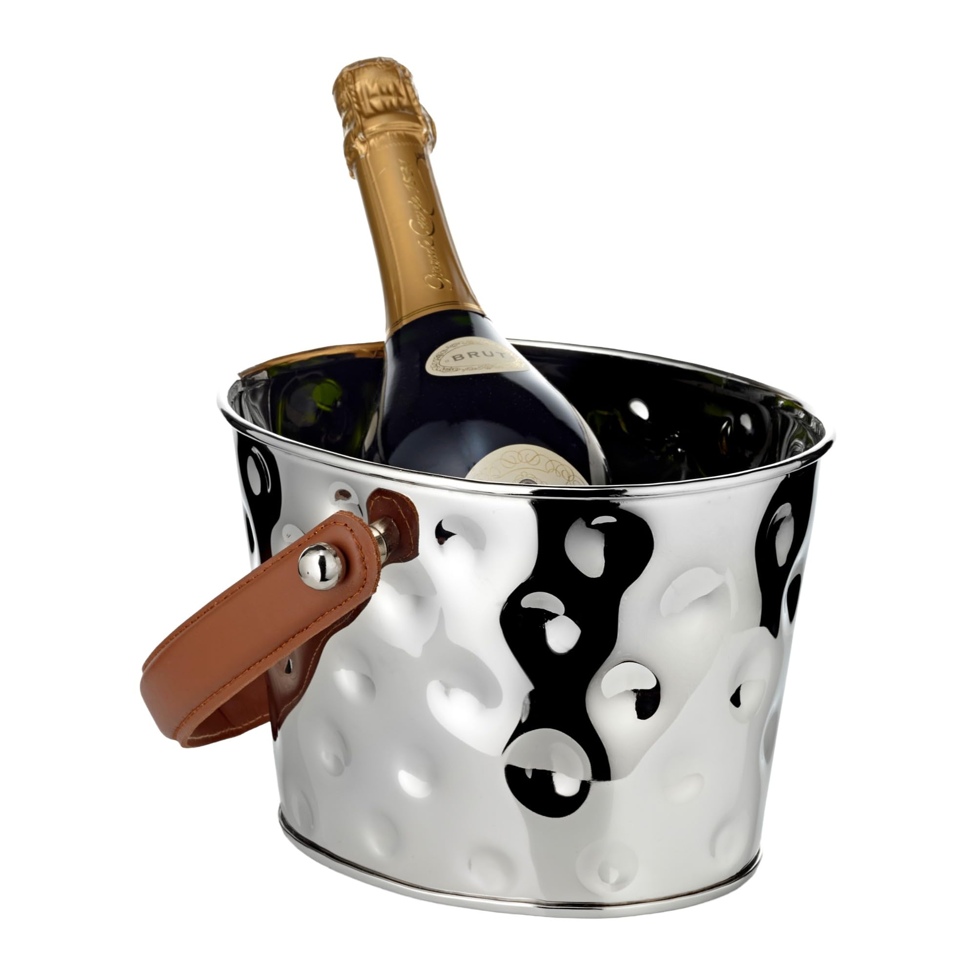 EDZARD Champanera Gideon (23 x 18 cm, H 16 cm), acero inoxidable niquelado, martillado, con asa de cuero vegano – enfriador de vino, enfriador de botellas, cubitera