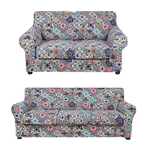 Hyha Printed Stretch Sofa Covers For 3 Cushion Couch (72"-96",Diamond Mandala) Bundle Loveseat Sofa Covers For 2 Cushion Couch (58"-72" cover