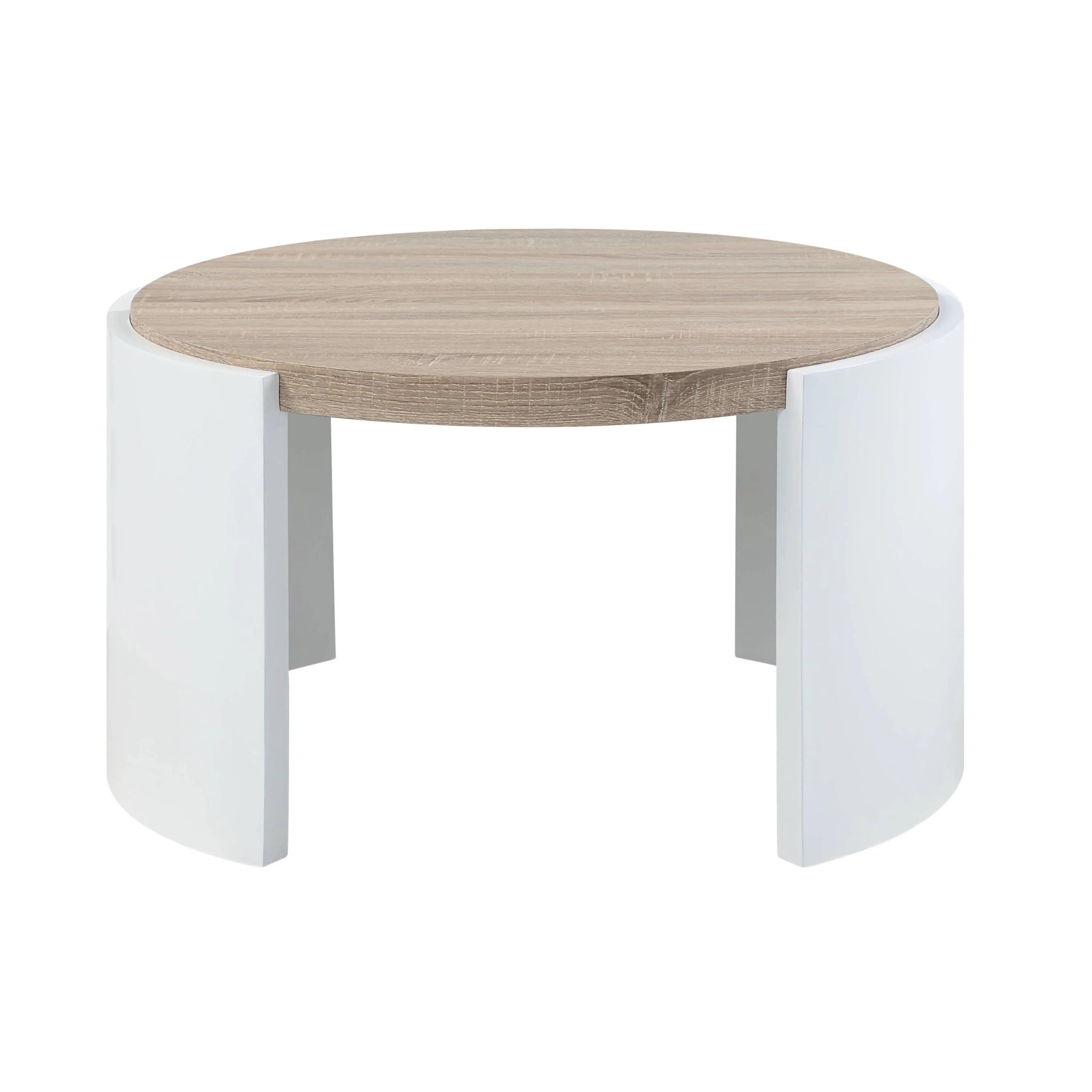 Modern Round Coffee Table with Storage Shelf, Oak Top with White Metal Frame, Contemporary Living Room Furniture
