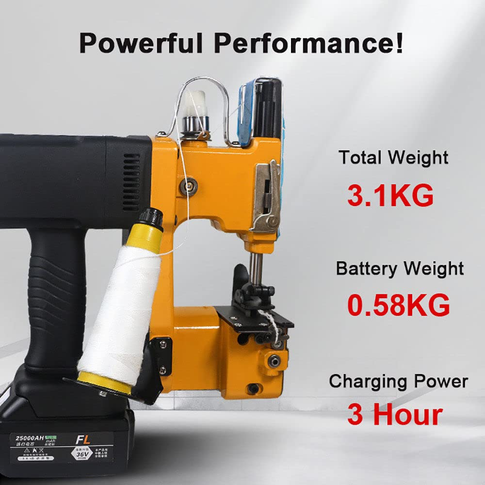 Máquina Selladora de Bolsas Tejidas 190W, Cerradora Inalámbrica de Bolsas Portátil, 2600 Agujas/min, Ancho de Sellado 7-10mm, para Sacos/Bolsas de Papel/Plástico/Tela/Yute