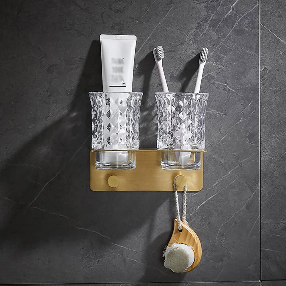 Porta spazzolino da denti a parete, Bicchiere in vetro da parete in ottone con portaoggetti for dentifricio, contenitore for bagno 2 ganci, oro spazzolato