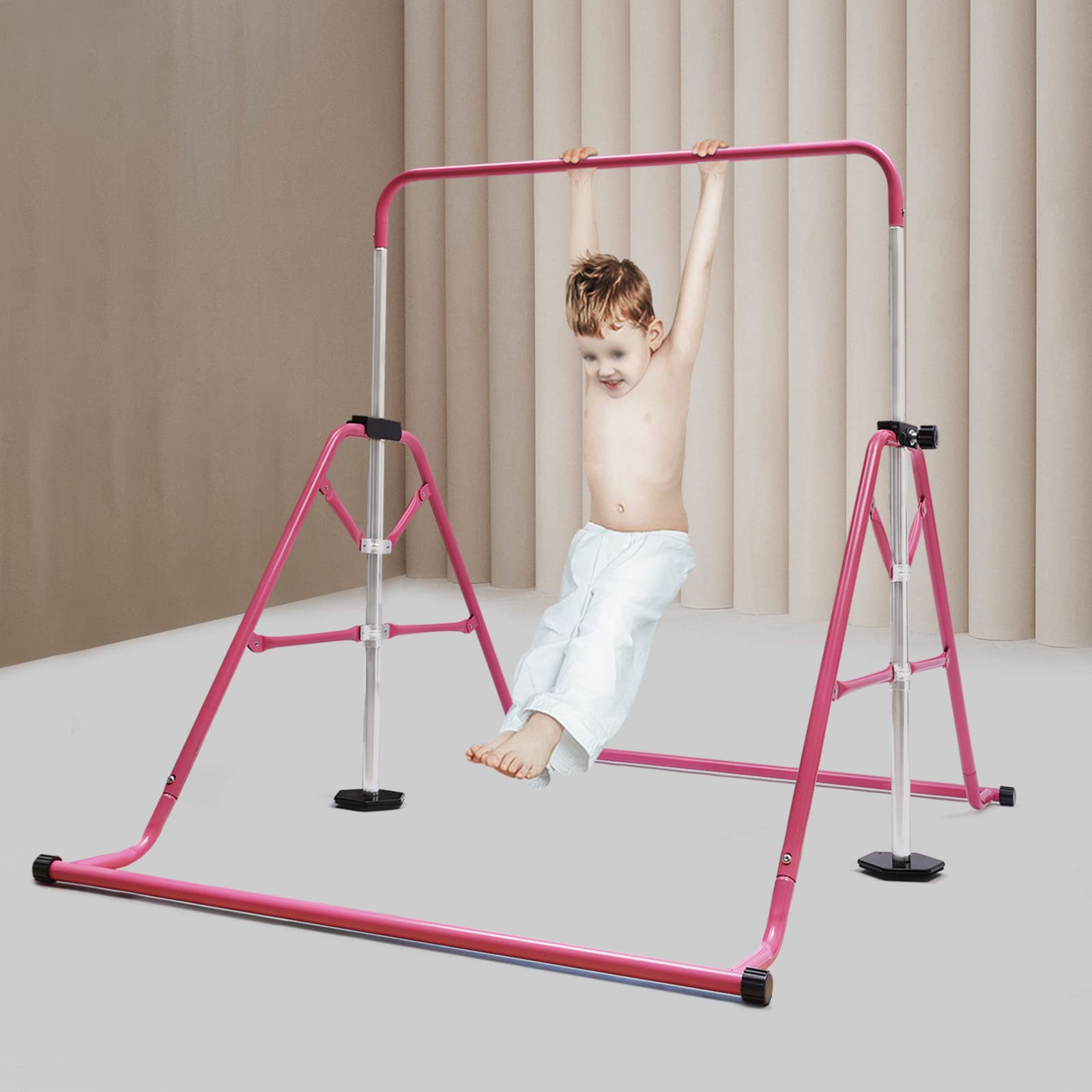 Asta orizzontale pieghevole per bambini Ginnastica Bar 5 altezze regolabili per ragazzi età 3-8 rosa