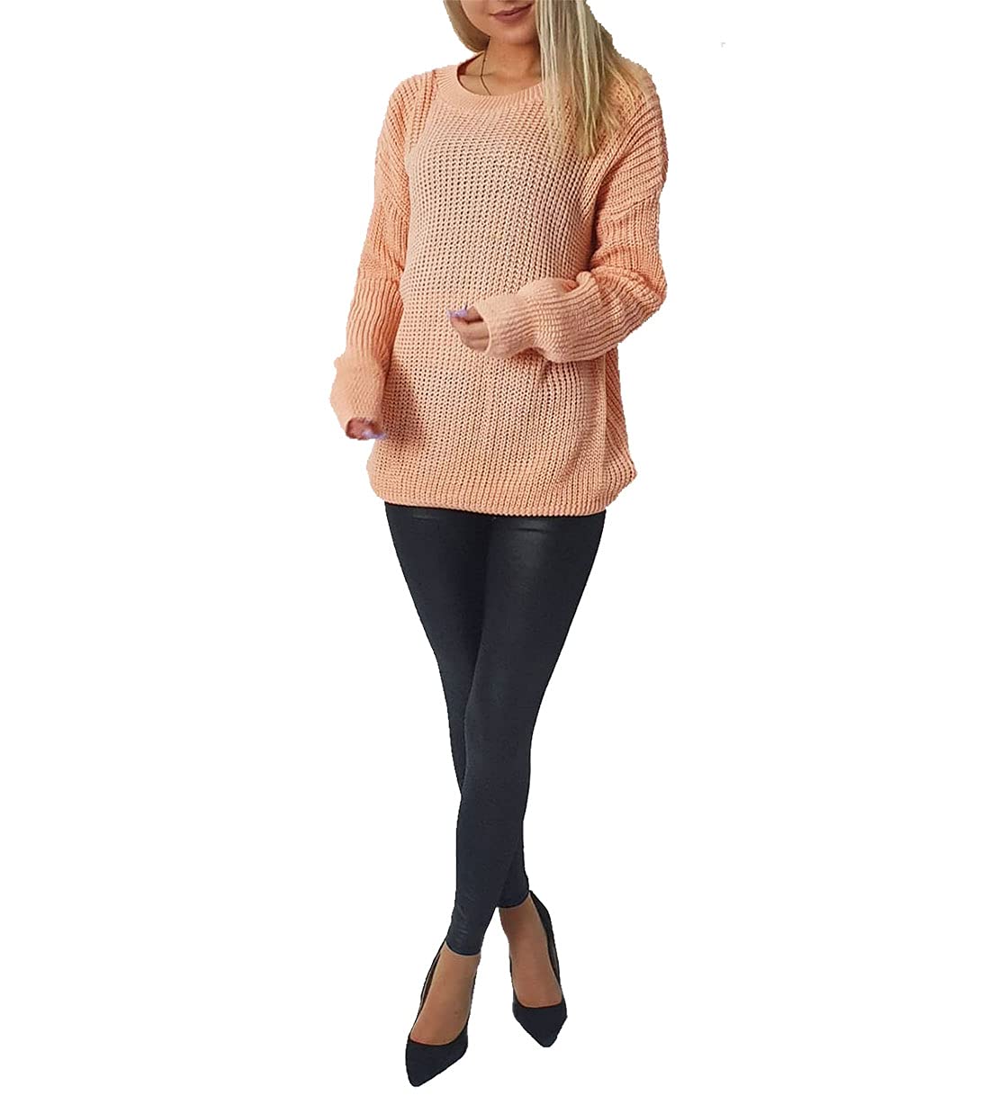 FAIRY BOUTIQUE Ladies Long Sleeve Knitted Fishnet Baggy Jumper Womens Oversized Crew Neck Loose Sweater Top Peach