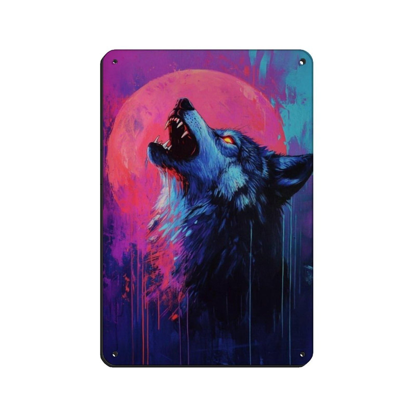 Lxwnze 20L X 30W Cm Wolf Howling At Full Moon Retro Poster Metal Tin Sign Chic Art Retro Iron Painting Bar People Cave Cafe Family Garage Poster Wall Decoration 8X12inch(20X30cm)