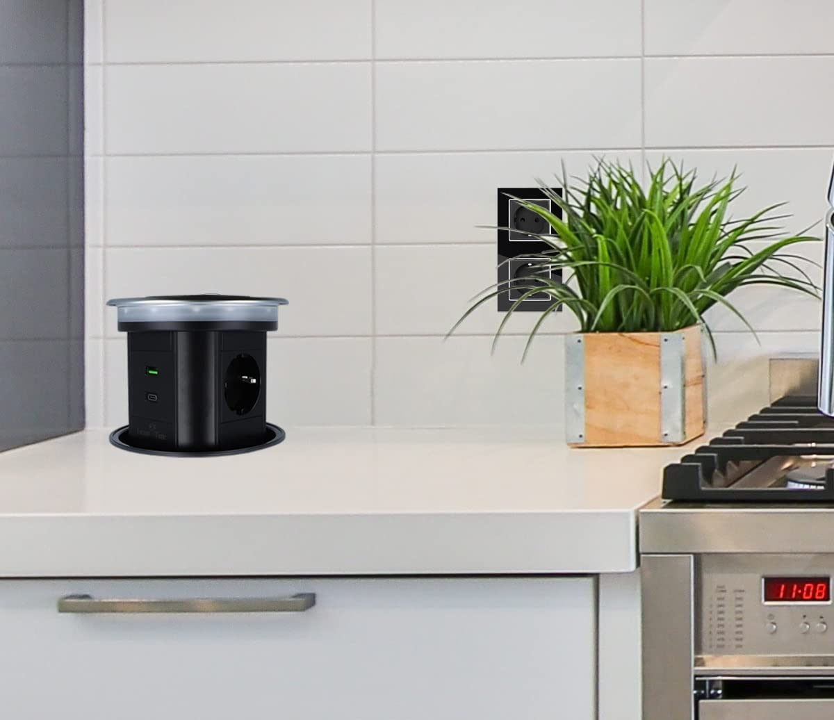 Enchufe de mesa premium con torre de enchufe retráctil, IP55, USB, estación de carga por inducción e iluminación para Smart Home Fahrbar App Control