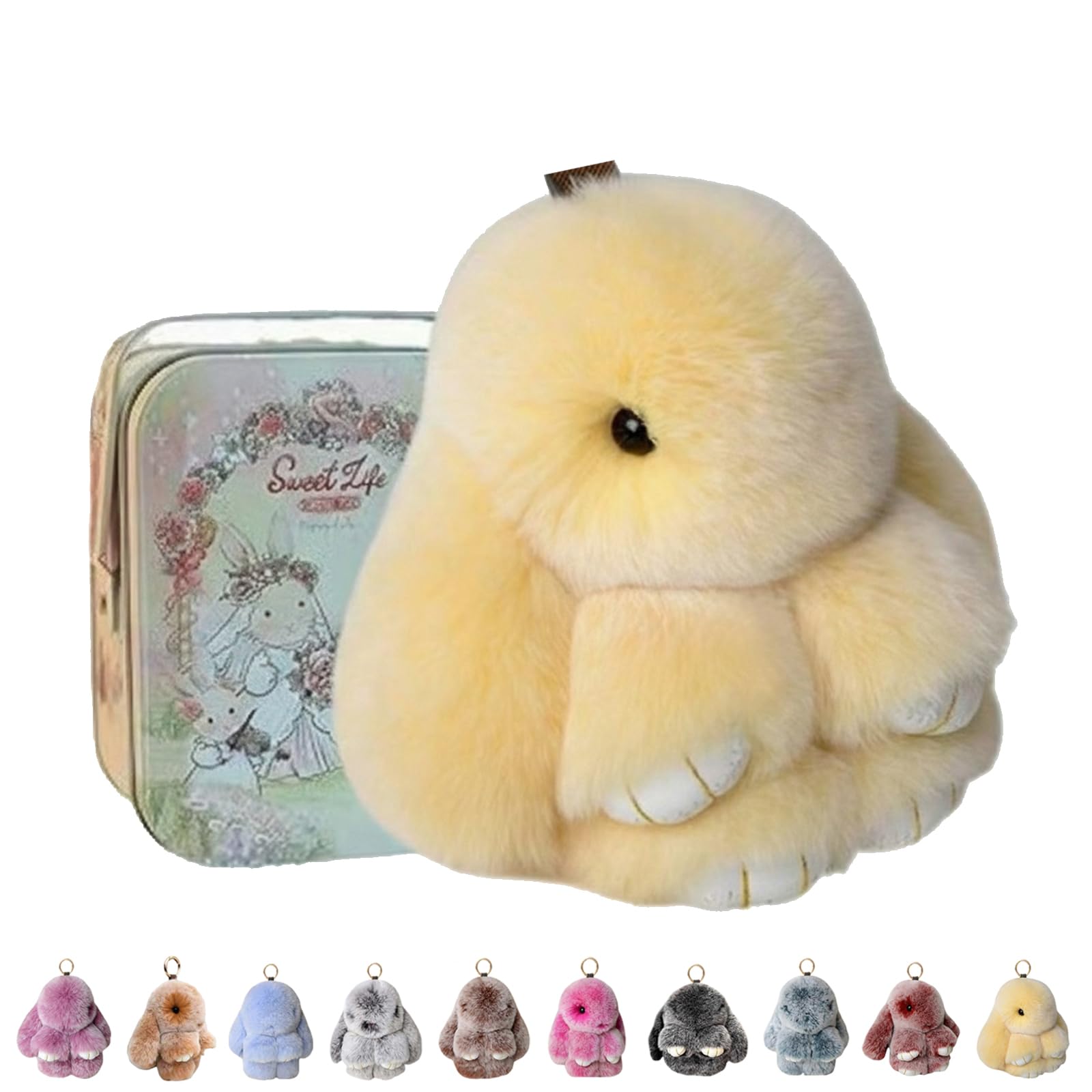 ByteCraft Bunnylulu Keychain With Tin Box, Soft Plush Bunny Keychain, Fluffy Rabbit Key Ring Charm for Easter, Handmade Cute Ornament for Handbag & Backpack