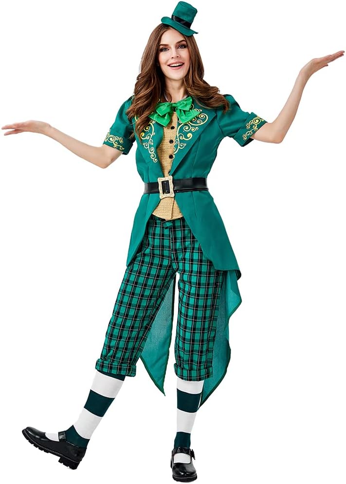 Seasons Women St. Patrick's Day Costume Green Charming Leprechaun Costume Suit Female Victorian Tailcoat Jacket