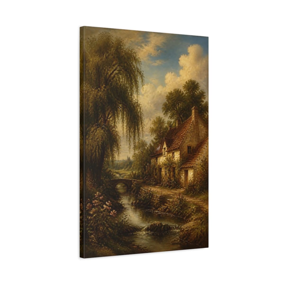 Willow Cottage By The Stream Canvas Print – Living Room, Above Console Table 20×30 inch (50×75 cm) - Vertical / 1.25 inch (3 cm)