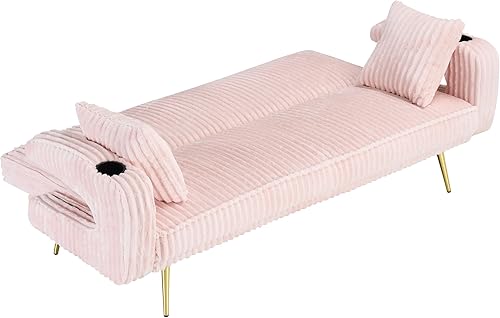 Miniatura 7 de Sofá cama convertible tapizado de pana con portavasos, sofá cama futón con 3 respaldos reclinables y almohadas, sofás modernos y cómodos para sala