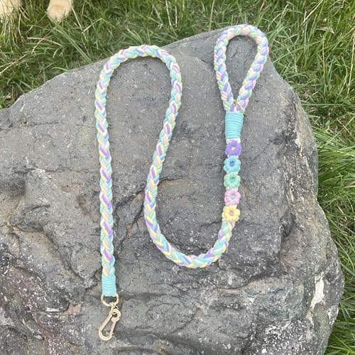 Handmade-5ft-Braided-Cotton-Dog-Leash-with-Unique-Floral-Handle-Durable-and-Stylish-Ideal-for-Small-to-Large-Dogs-Rainbow-Color Handmade 5ft Braided Cotton Dog Leash with Unique Floral Handle Durable and Stylish Ideal for Small to Large Dogs Rainbow Color