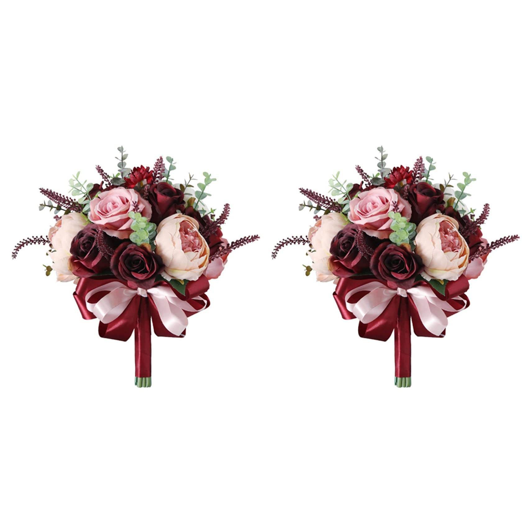 Fleurs de mariage durables : lot de 2 bouquets de roses bordeaux et pivoines